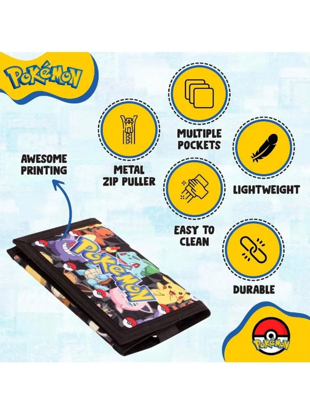 Kids Trifold Canvas Wallet with Zip, Coin & Card Holder - Pokemon Design